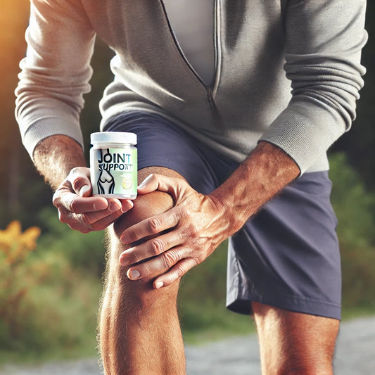 A person clutching their knee and holding the joint support product
