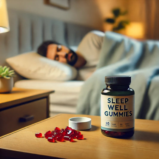 Man sleeping soundly with sleep gummies on his nightstand